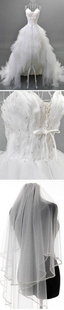 Unique Style Hi-low Sweetheart White Tulle Spaghetti Wedding Dresses With Feather, WD0067