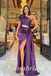 Elegant Satin One Shoulder Sleeveless Side Slit Mermaid Long Prom Dresses With Belt And Trailing, PD3619