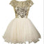 Gold sequin short sleeve Tulle homecoming prom dresses, cocktail dress, CM0012