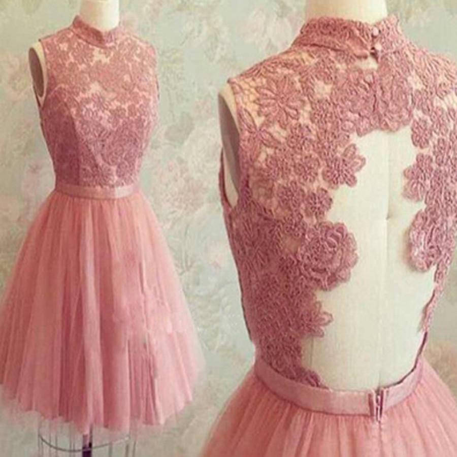 popular dark pink lace high neck unique charming freshman homecoming prom dress,BD0089