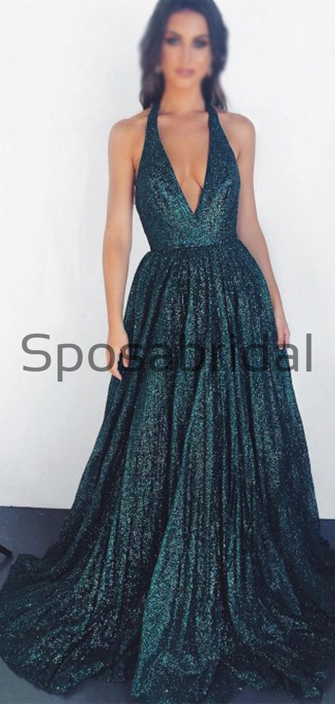A-Line V-Neck Dark Green Sequin Elegant Formal Long Prom Dresses PD2192
