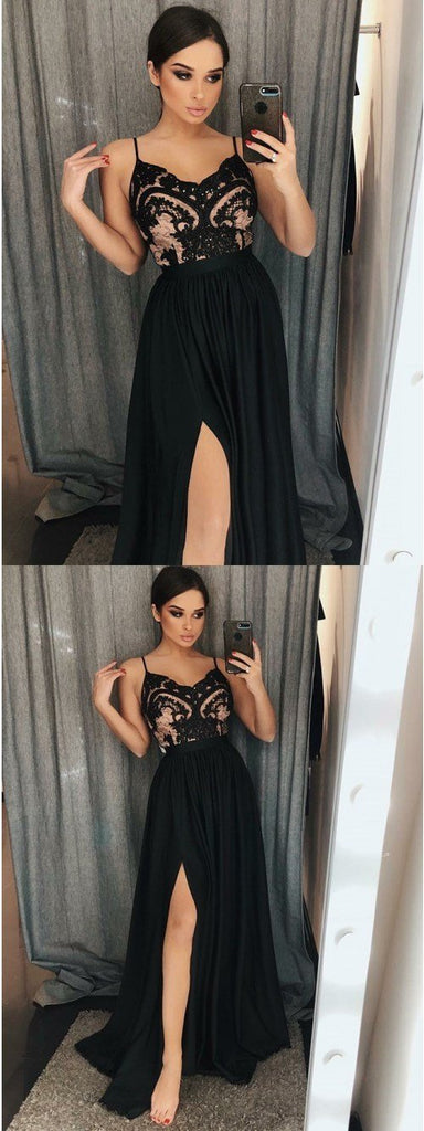 A-Line Spaghetti Straps Floor-Length Black Prom Dresses with Lace Split Online,PD0203 - SposaBridal