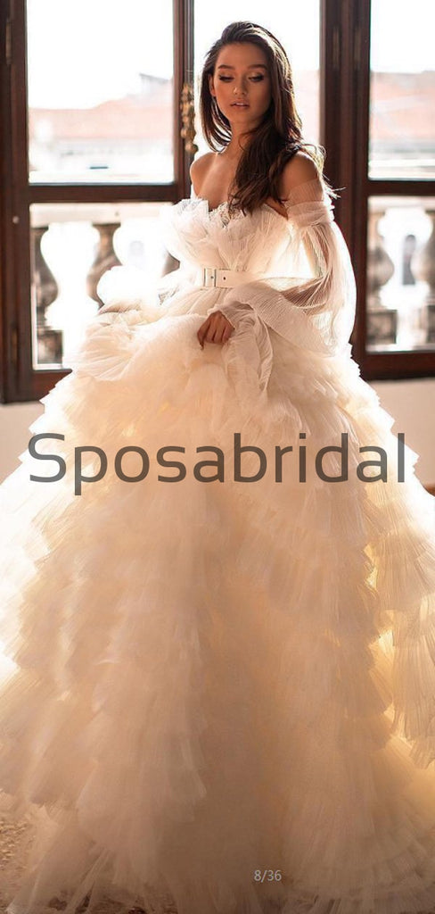 A-line Long Sleeves Tulle Princess Country Wedding Dresses,  Prom Dresses WD0400
