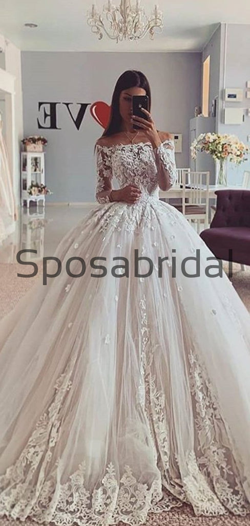 A-line Off the Shoulder Modest Lace Vintage Wedding Dresses WD0405
