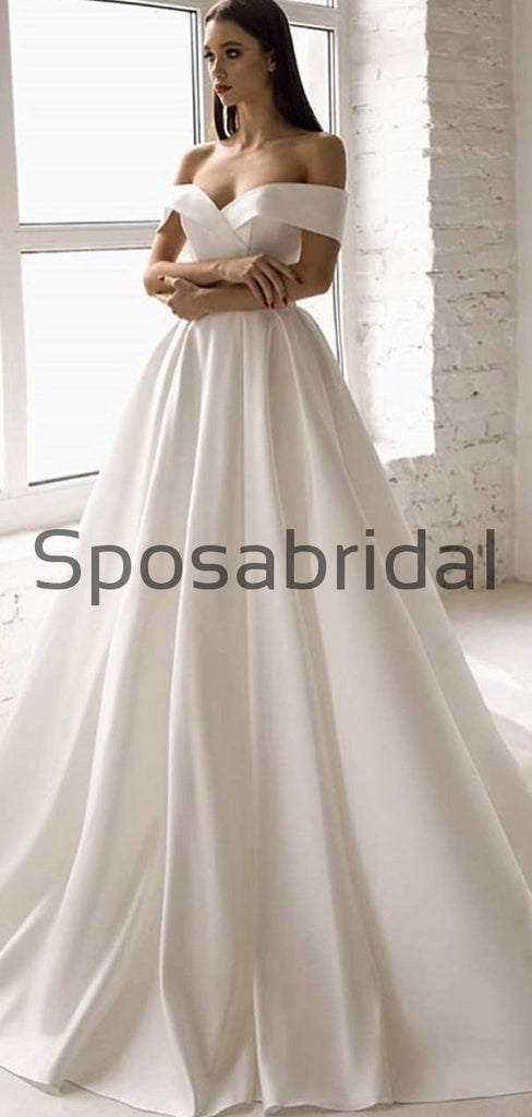 A-line Off the Shoulder Satin Vintage Simple Wedding Dresses WD0407