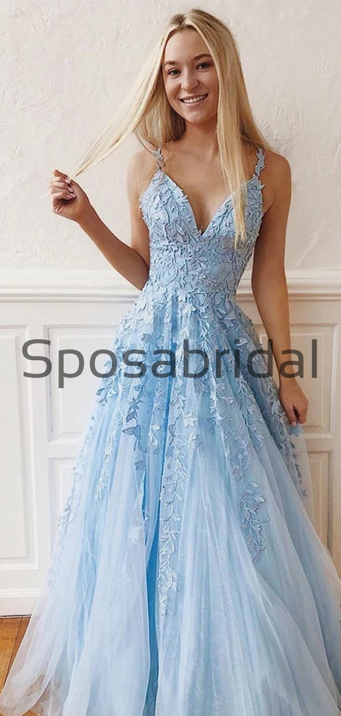 A-line Straps Blue Lace Long Elegant Modest Prom Dresses PD2263
