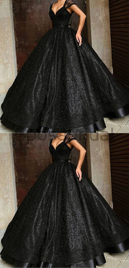 A-line Beaded Gorgeous Black Sequin Sparkly Long Fashion Prom Dresses, Ball gown PD1500