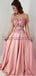 A-line Off the Shoulder Pink Satin Long Formal Elegant Prom Dresses with appliques PD1719