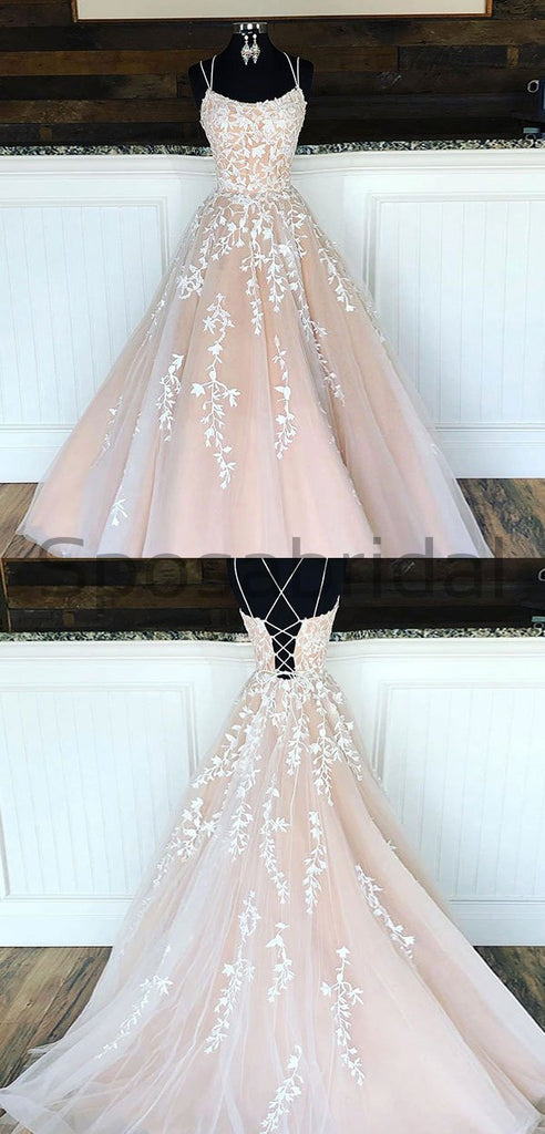 A-line Spaghetti Straps High Quality Lace and Tulle Popular Prom Dresses, PD1611