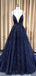 A-line Spaghetti Straps Sparkly Navy Blue Sequin Long Shining Gorgeous Prom Dresses PD1733