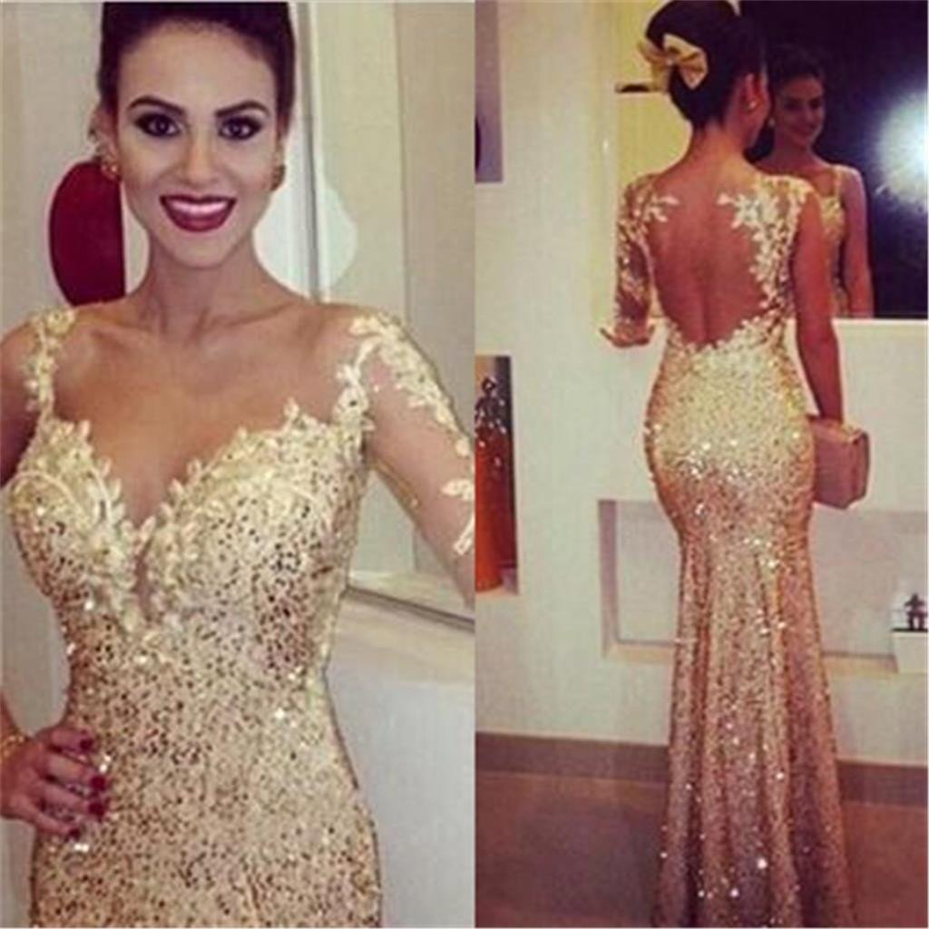 Gold Sexy Mermaid Elegant Party Cocktail Evening Long Prom Dresses Online,PD0178