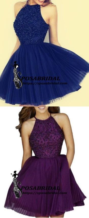 Beaded  Purple Sexy Open back Halter homecoming prom dresses, CM0022 - SposaBridal