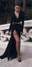 Black Long Sleeves Mermaid Side Slit Simple Elegant Formal Sexy Cheap Long Prom Dresses PD1444