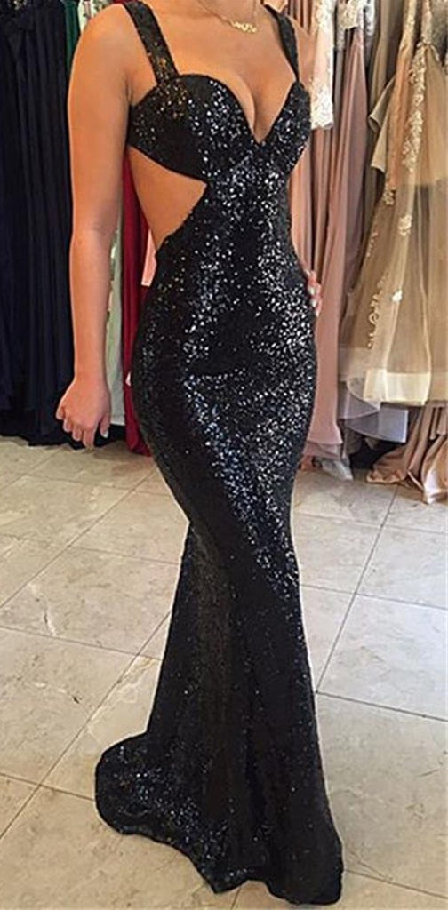 Black Sequined Sparkle Sexy Backless Party Cocktail Evening Long Prom Dresse, PD0200