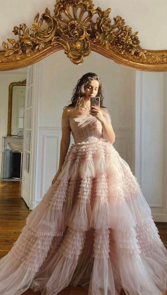 Blush Pink Off-shoulder A-line Ruffle Long Princess Prom Dress, PD3374