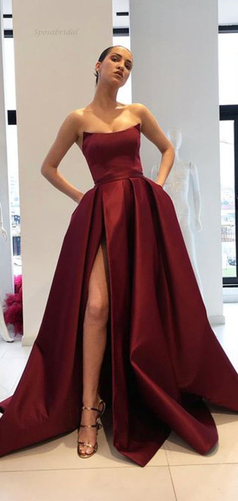 Burgundy Strapless A-line Cheap Side-slit Long Prom Dresses, PD0787