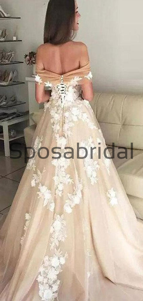 Champagne Off the shoulder A-line Gorgeous Long Wedding Dresses WD0421
