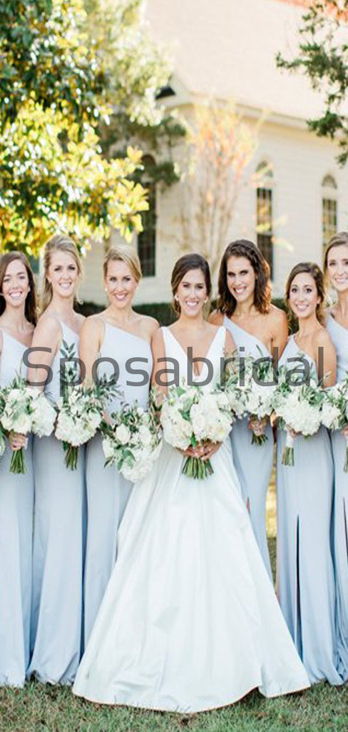 Cheap Baby Blue One Shoulder Simple Bridesmaid Dresses WG789