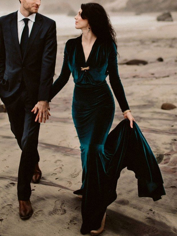 Dark Green Mermaid Elegant Beach Long Sleeves Country Wedding Dresses, WD0546