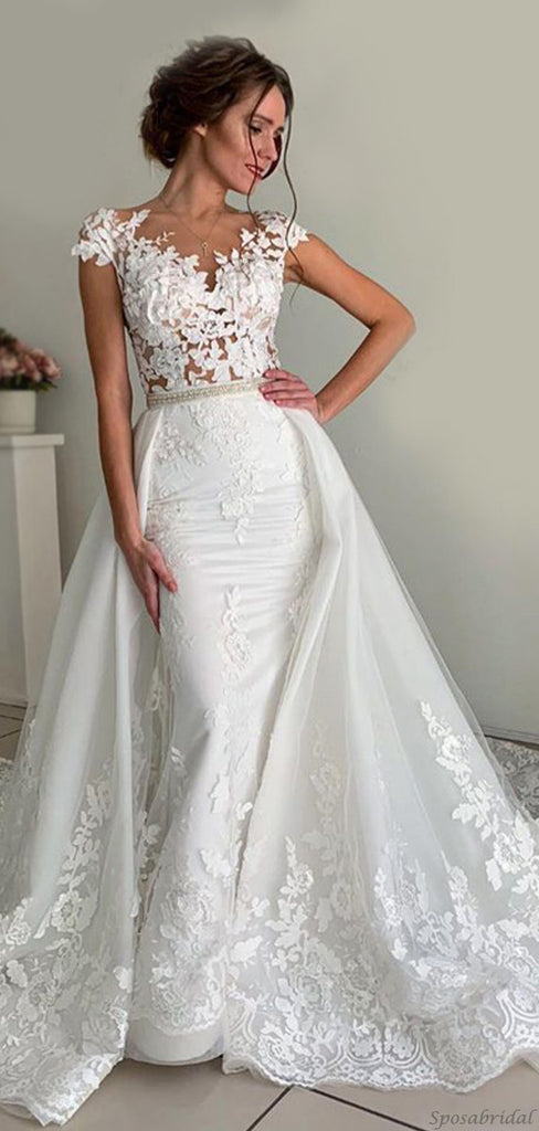 Detachable Cap Sleevs Lace Vintage Modest Elegant Wedding Dresses, WD0454