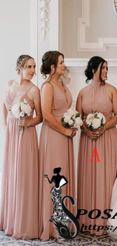 Dusty Pink  Long Sleeveless Mismatched Cheap Chiffon Bridesmaid Dresses, WG305