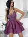 Elegant Fuchsia Purple Lace Top Spaghetti Strap V-neck A-line Short Homecoming Dress, HD3039