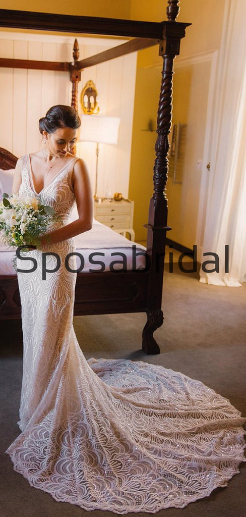 Full Lace V-Neck Mermaid Beach Vintage Long Wedding Dresses WD0545