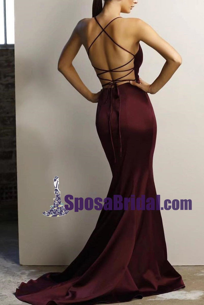 Spaghetti Straps Gorgeous Deep V Neck Mermaid Burgundy Long Prom Dresses with Cross Back, Sexy evening dress, PD0756