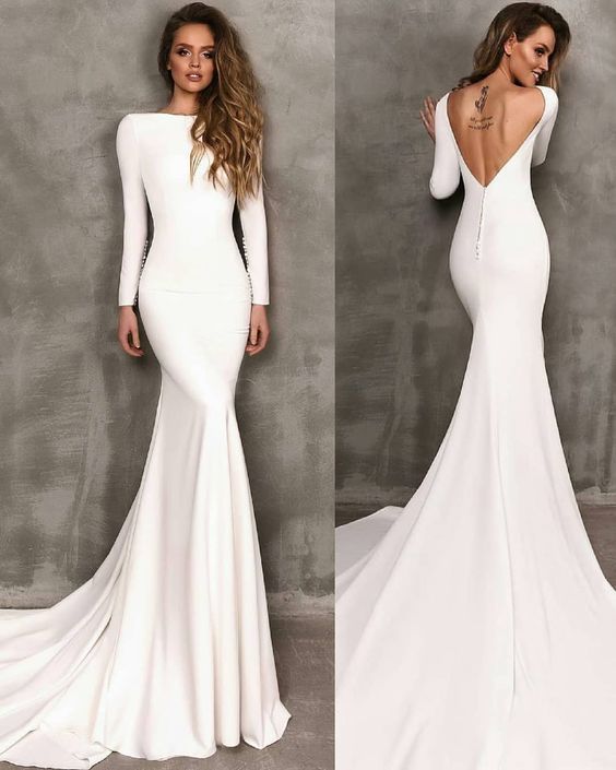 Long Sleeves Off White Mermaid Elegant Modest Fashion Wedding Dress, PD1054