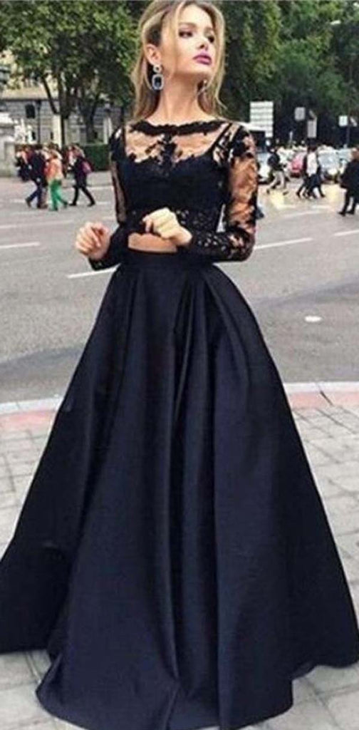 Black Illusion Lace Long Sleeve Elegant Two-piece A-line Prom Dresses, PD0045