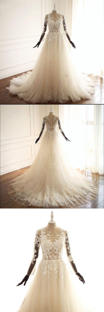 Long Sleeves High Neck See-Through Sexy Unique New Design Wedding Dresses, Most Popular Real Made Bridal Gown, WD0277