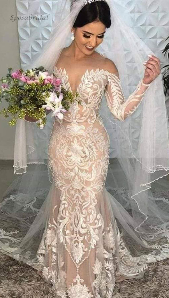 Sexy Mermaid Long Sleeves Lace Vintage Long Wedding Dresses WD0548