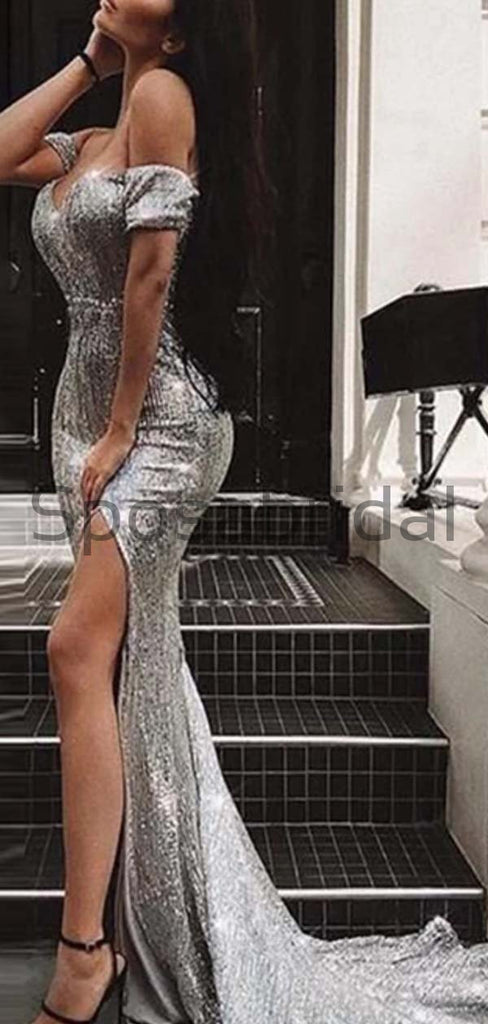 Spaghetti Straps Silver Mermaid Backless Modest Prom Dresses PD2245