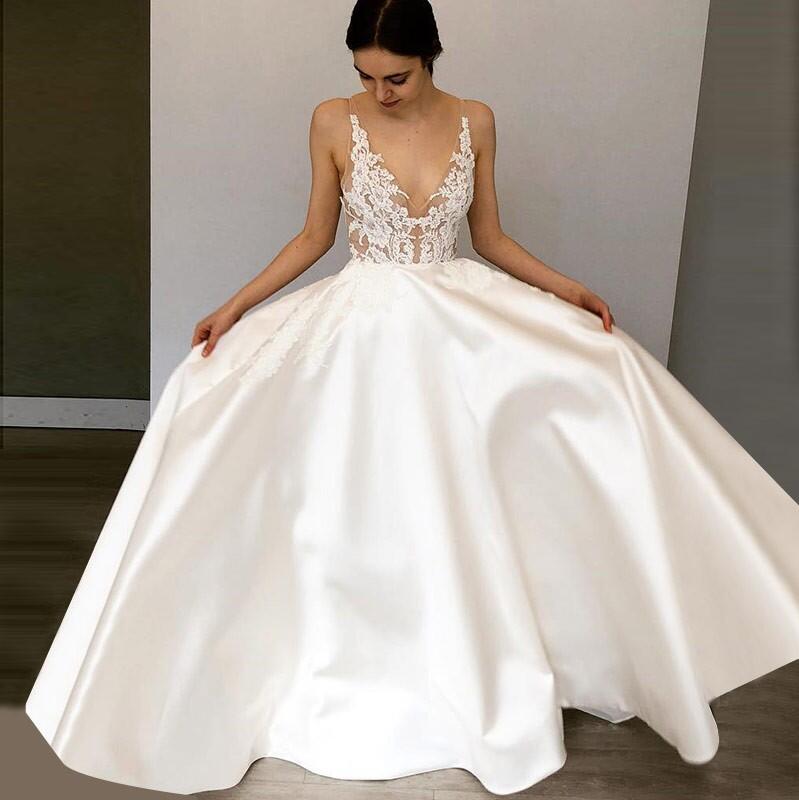 New Arrival High Qulaity A-Line Deep V-Neck  Satin Beach Wedding Dress with Appliques, WD0154