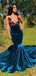 Sexy Royal Sea Blue Velvet Flower Mermaid Long Prom Dress, PD3126