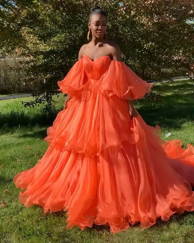 Orange Sweetheart Off-shoulder Bubble Organza A-line Prom Dress, PD3085
