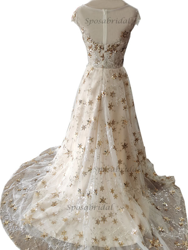 Gold Star V-neck Champagne V-neck A-line Long Prom Dress, PD00290