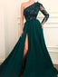Emerald Green One Shoulder Lace Side-slit A-line Long Prom Dresses, PD1017