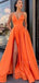 A-line Satin Spaghetti Straps Side Slit Cheap Modest Long Prom Dresses PD1537
