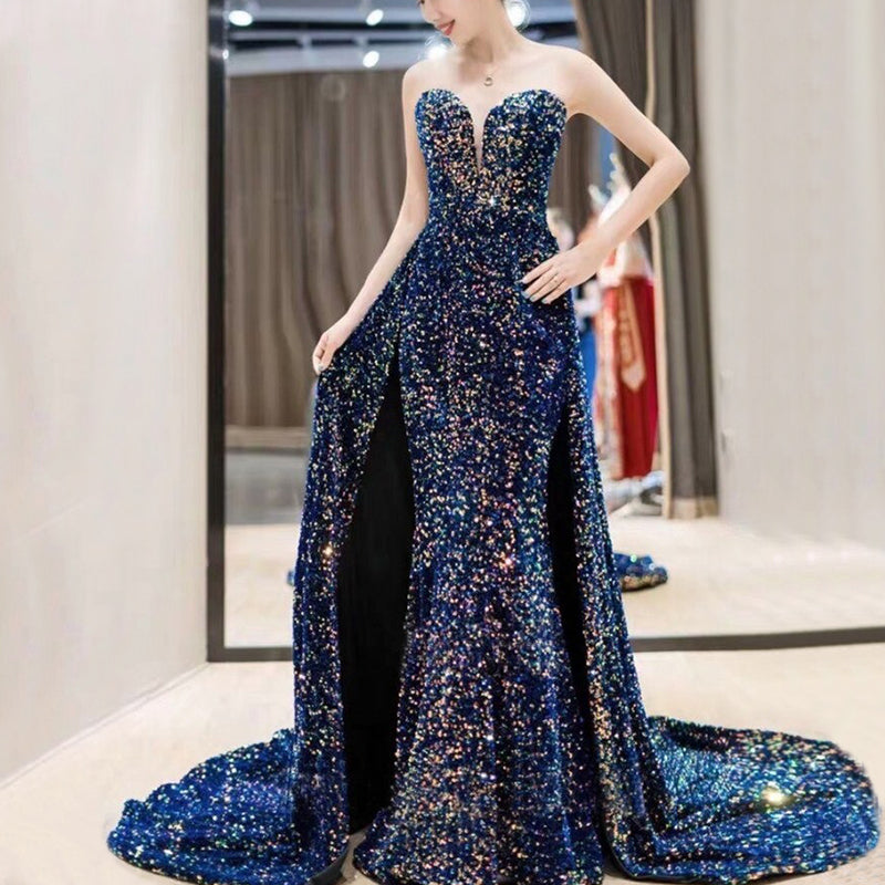Sexy Strapless Sparkly Sweetheart Mermaid Sequin Long With Tail Prom Dress, PD2361