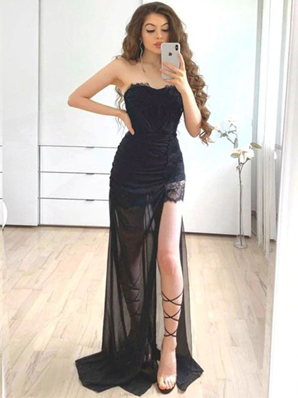 Sexy Black Sweetheart Strapless Lace Pleats Side-slit Long Prom Dress, PD3180