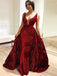 Sexy Sparkly Dark Red Spaghetti Straps V-neck Mermaid Detachable Long Prom Dress, PD3430