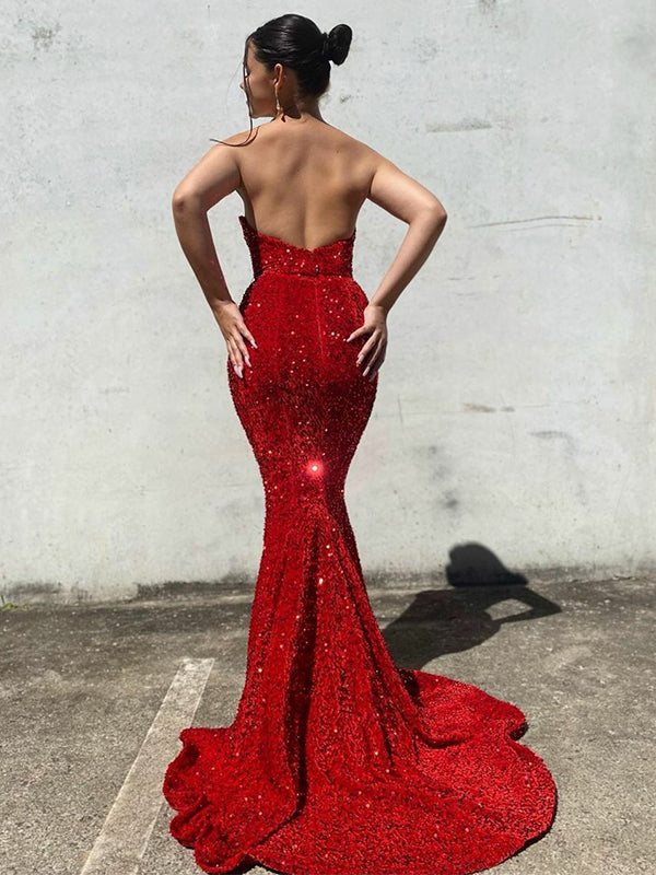 Sexy Candy Pink & Red Strapless Sweetheart Sparkly Mermaid Long Prom Dresses, PD3453