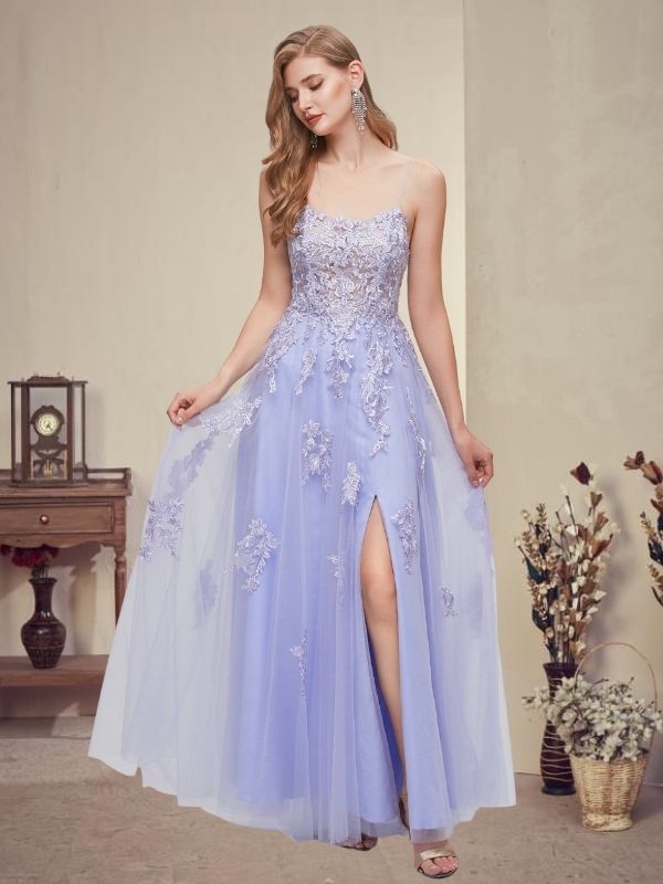 Lavender Spaghetti Straps Open Back Criss Cross Side-slit A-line Prom Dress, PD3570