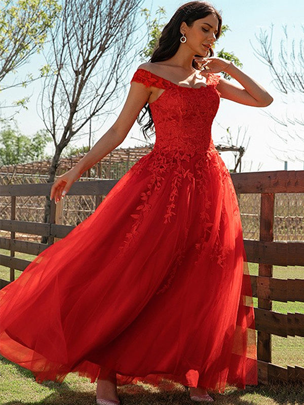 Red Off-shoulder Lace Top Sexy A-line Long Prom Dress, PD3475