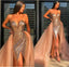 Sparkly Champagne Sequin Strapless V-neck Tulle Train Mermaid Long Prom Dress, PD2400