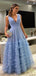 Sexy Blue Sleeveless Ruffle V-neck A-line Tulle Long Prom Dress, PD3059