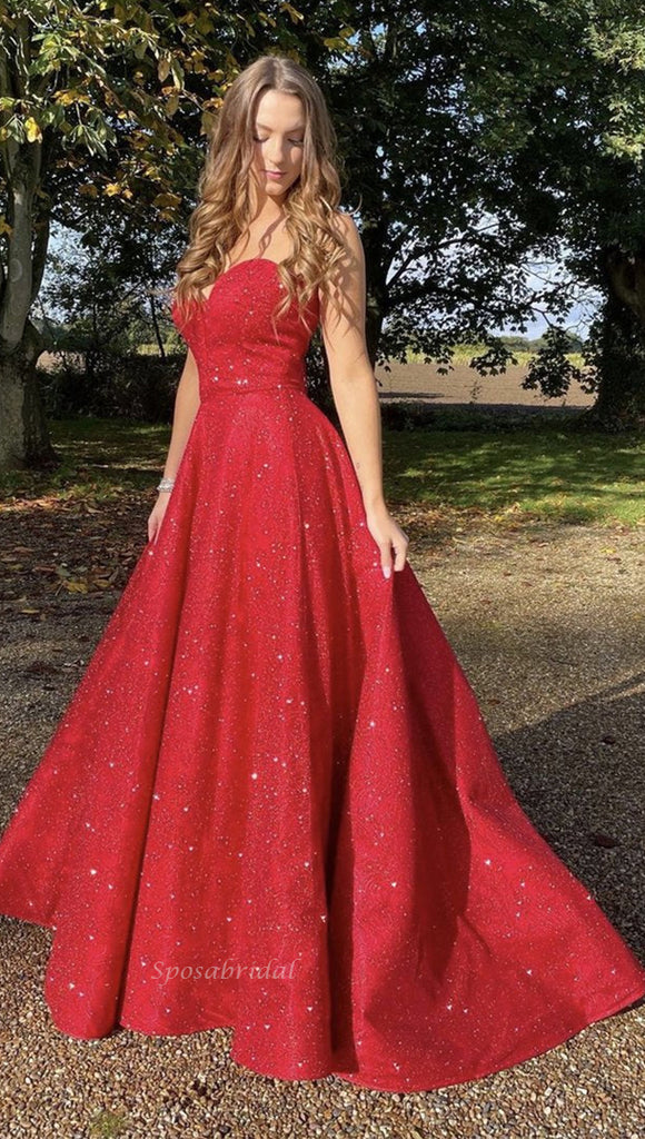 Simple Sexy Sweetheart Strapless A-line Long Sparkly Prom Dress, PD3422