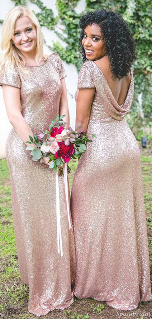Sparkly Elegant Mermaid Champagne Cap-sleeve Long Bridesmaid Dresses, WG04