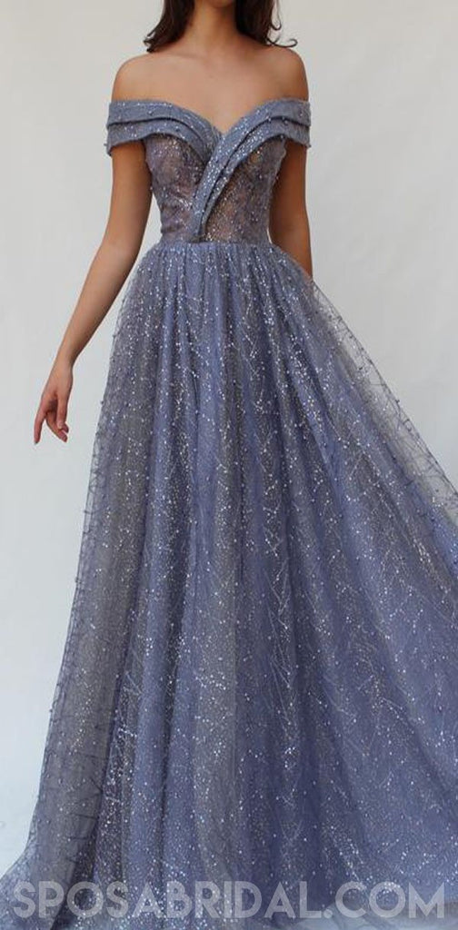 Sparkly Shinning Blue Sequin Off the Shoulder Long A Line Prom Dresses, Evening Dress, PD1136